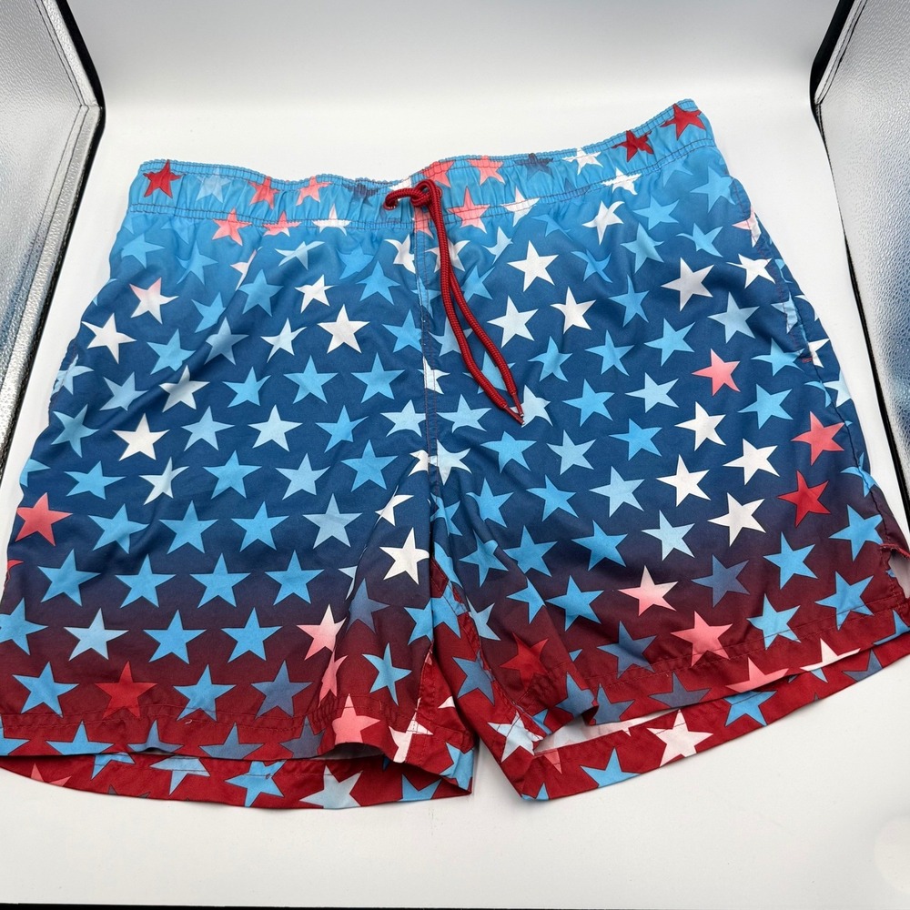 George Men Swim Trunks L 36-38 Stars Patriotic Red White Blue Ombre Shorts